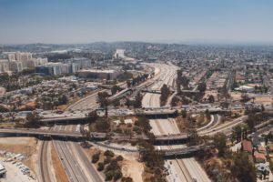 An aerial view of the busy freeways in Los Angeles. 