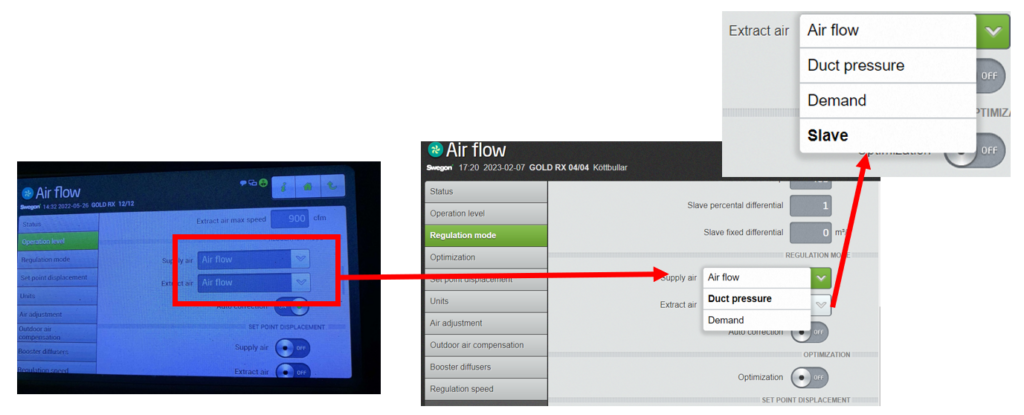 ERV air flow settings. Supply air: duct pressure. Extract air: slave.