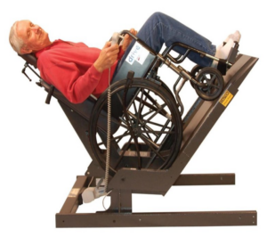 The Versatilt dental tilt table allows a wheelchair to tilt back from seated position to 65 degrees of tilt.