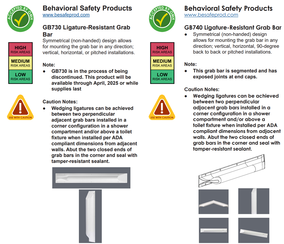 Side-by-side product descriptions for two ligature-resistant grab bars from Behavioral Safety Products. The left side features the GB730 model, which is being discontinued and available through April 2025 or while supplies last. It has a symmetrical design for flexible mounting. The right side features the GB740 model, which also has a symmetrical design and segmented construction with exposed joints at end caps. Both descriptions include caution notes about potential ligature risks when grab bars are installed per ADA-compliant dimensions in corner configurations.