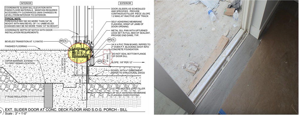 Two images are shown. The first is a door sill detail from an architectural drawing set showing the sliding door track recessed into the slab and flooring assembly. Notes and dimensions on the detail indicate a compliant ¾ inch maximum high threshold with a 1:2 max bevel on the interior side of the door. The second image is a photo of the finished condition where the sliding door was installed per the door sill detail. The finished floor is nearly flush with the top of the sliding door track.