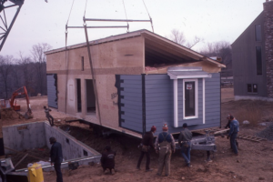A manufactured home being constructed on site.