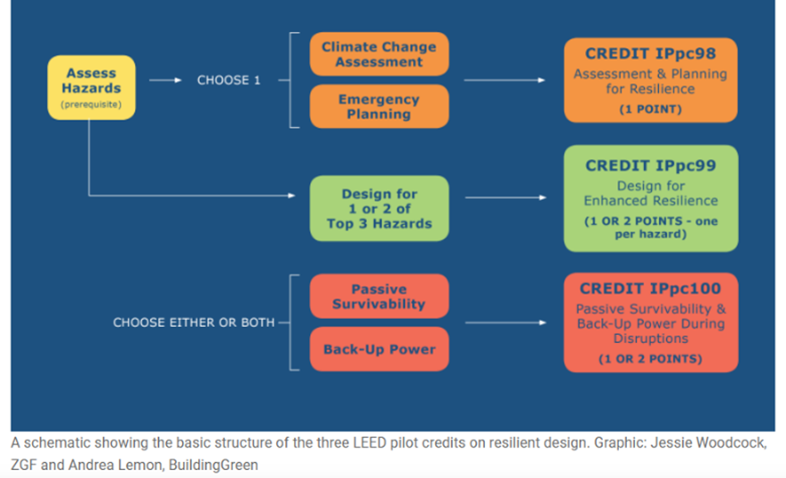 schematic showing the structure of the 3 LEED resilient design pilot credits