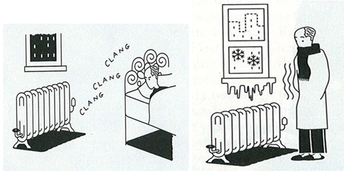 Cartoon of clanging pipes in the winter