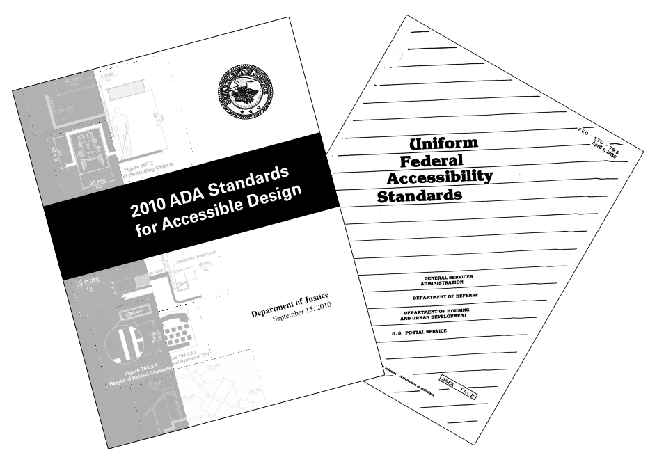 Covers of the 2010 ADA Standards for Accessible Design and the Uniform Federal Accessibility Standards.