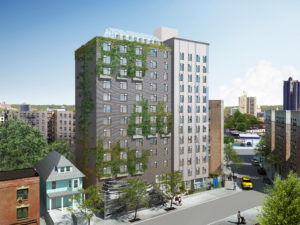 Rendering of gray toned apartment building on a city block. A rock formation and playground are visible at ground level. A green façade works its way up the building and a green house is provided on the roof.