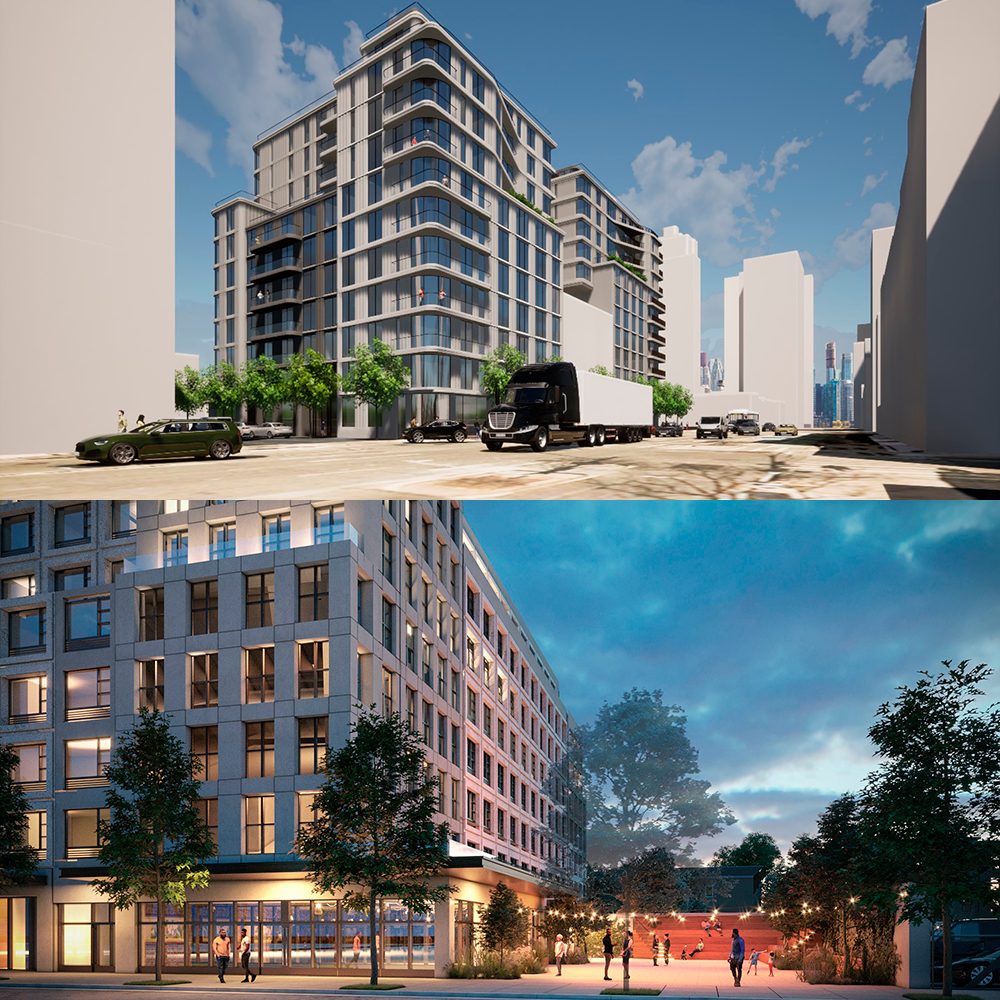 Combined image of 439 West 36th Street and 489-501 9th Avenue rendering and Brownsville Arts Center and Apartments rendering.