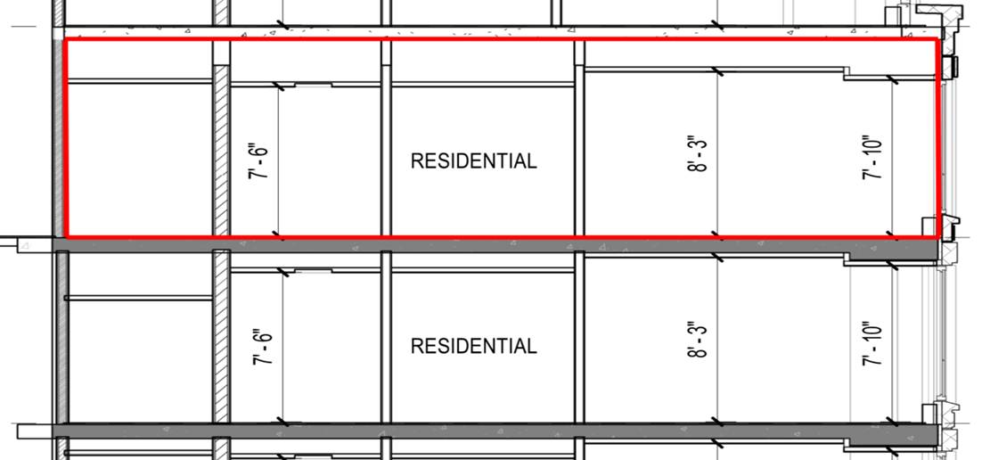 Section view of a multifamily residential building showing the compartmentalization air‑barrier path outlined in red. The highlighted area traces the air barrier at the exterior wall, the demising wall to the corridor, the floor deck below, and the bypass of the ceiling drywall to the deck above.