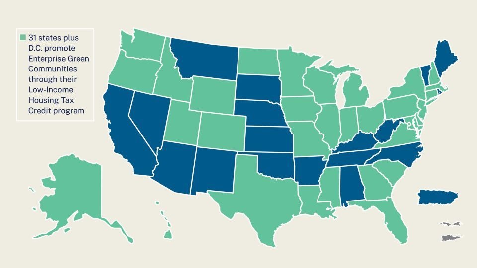 U.S. map showing 31 states, plus DC, that promote Enterprise Green Communities through their Low-Income Housing Tax Credit program.