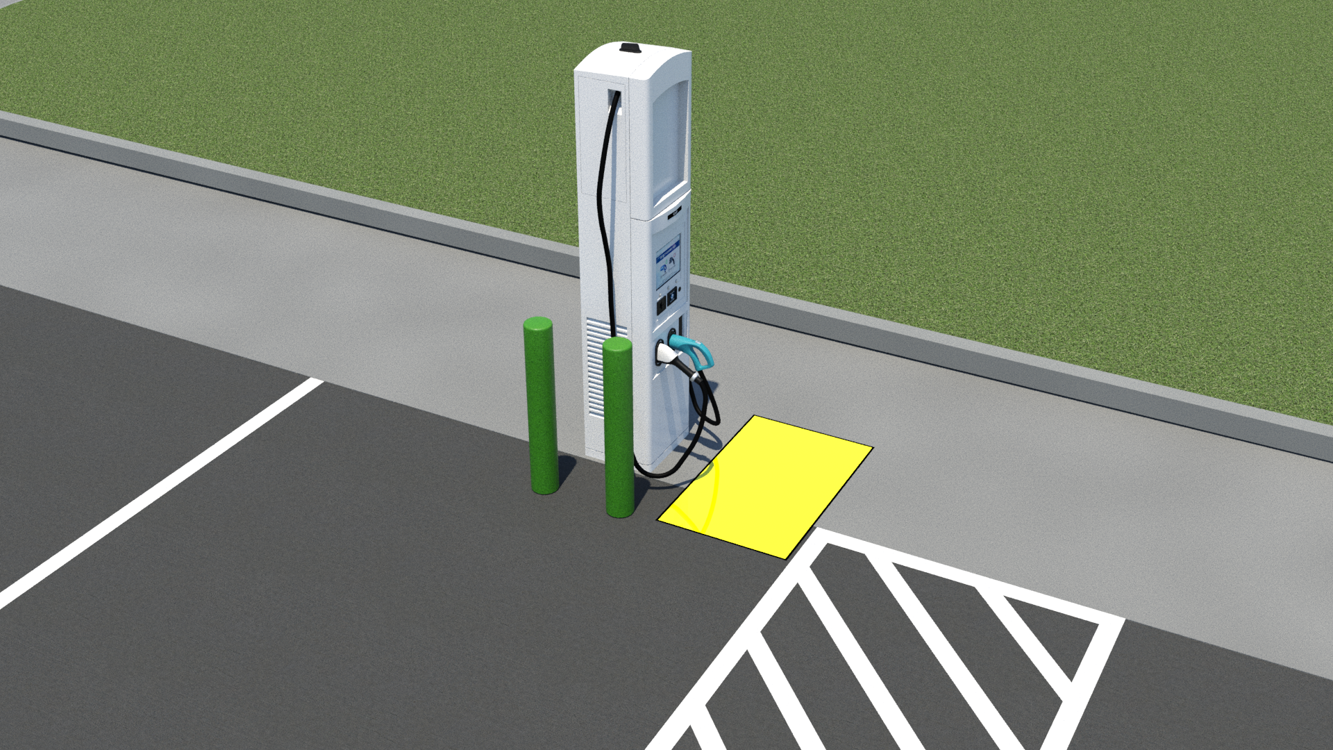Photo of an electric vehicle charging station in a parking lot. The white station, equipped with a screen and multiple charging cables, is positioned on a raised platform facing the access aisle. Two green bollards are placed beside it, and a yellow rectangular area is painted on the ground in front. The station is oriented to avoid obstructing the minimum required dimensions of the adjacent parking space and access aisle.
