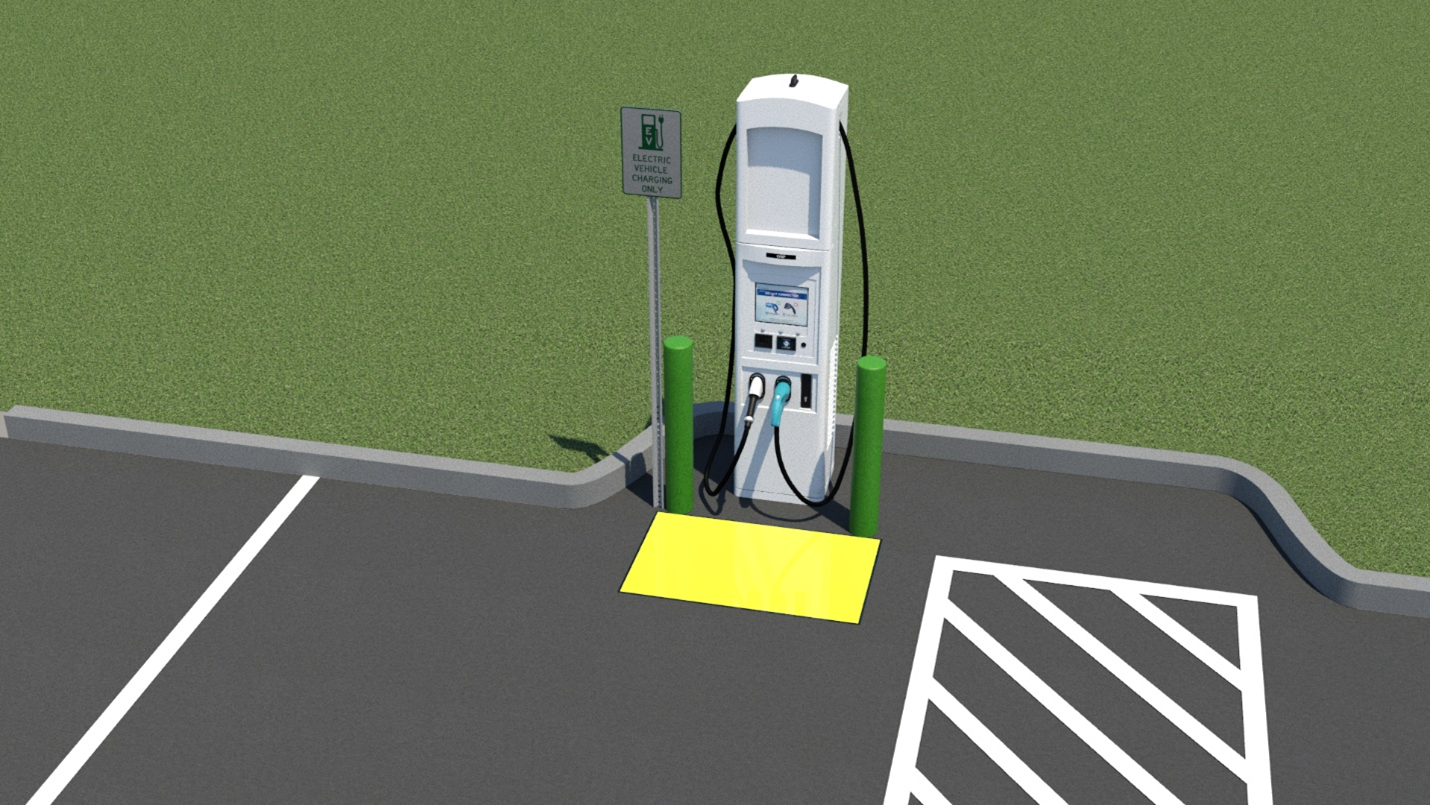 Photo of an electric vehicle charging station in a parking lot. The station has two charging cables and connectors and is positioned parallel to the access aisle, with a small sign indicating it is an EV charging point. A yellow rectangle is painted on the ground in front, and white lines mark adjacent parking spaces. The station is oriented to maintain clear access and avoid encroaching on the required space for accessibility.