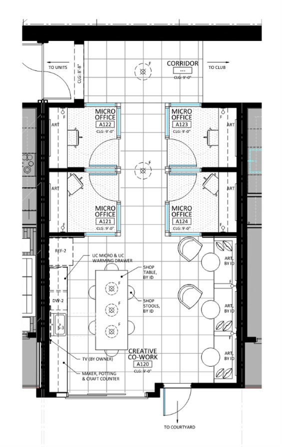 A floor plan of a coworking space for multifamily buildings.