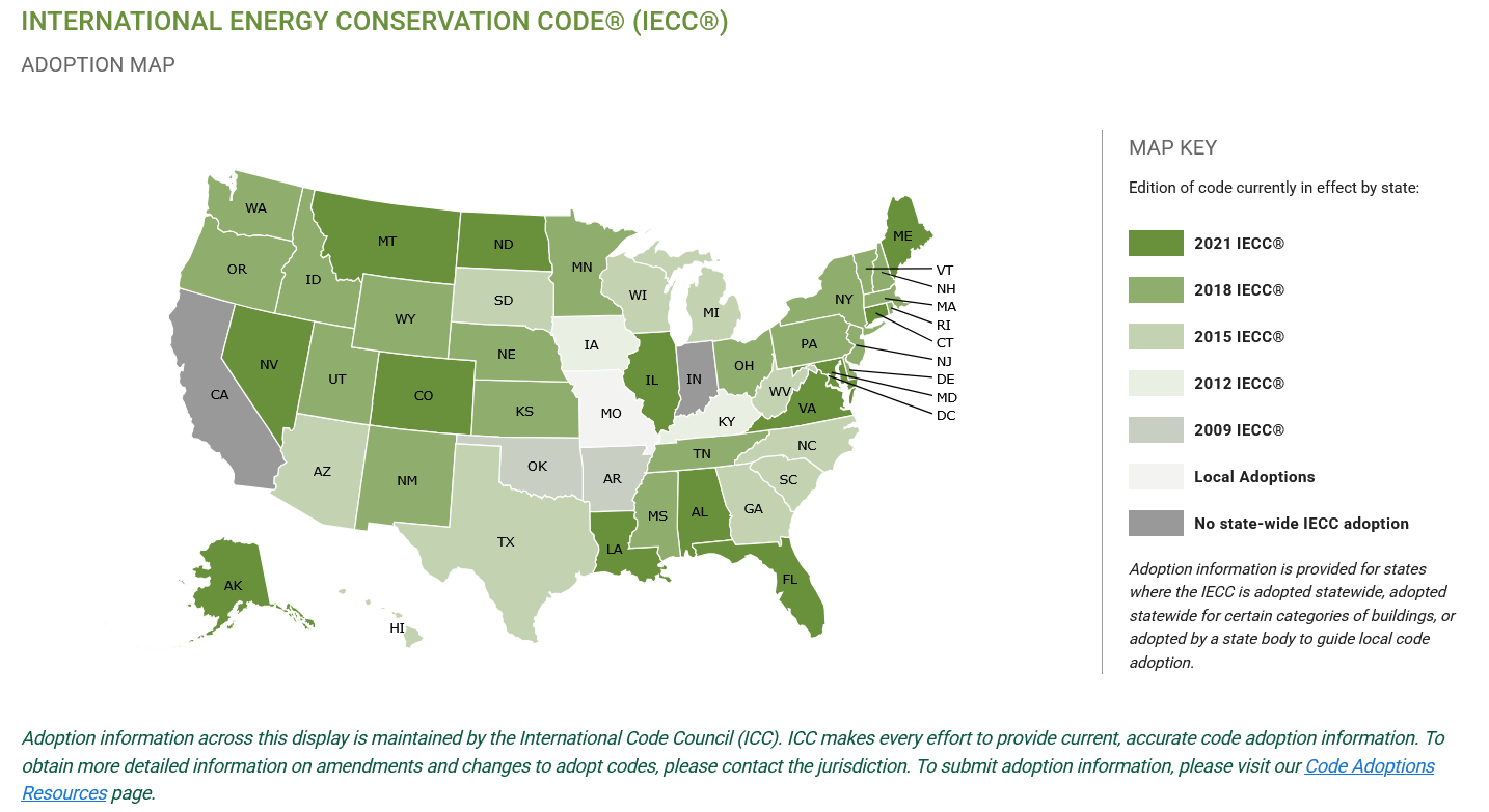 Map of U.S. showing state-by-state adoption of the International Energy Conservation Code (IECC), with most states implementing 2018 or 2021 editions. Darker green indicates 2021 IECC adoption, supporting advanced energy efficiency and decarbonization goals. This widespread adoption aligns with the 2025 National Green Building Standard (NGBS), helping builders meet evolving codes and future-proof projects.