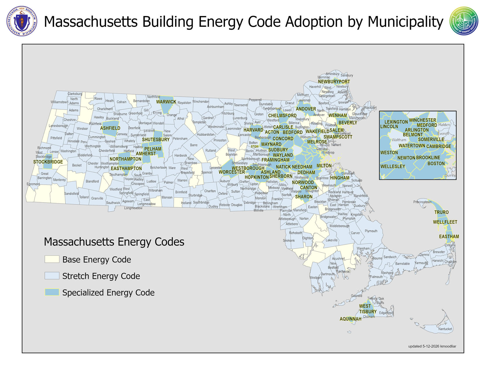 Massachusetts government map showing  Massachusetts Building Energy Code Adoption by Municipality, including the Base Code, Stretch Code, and Specialized Code.