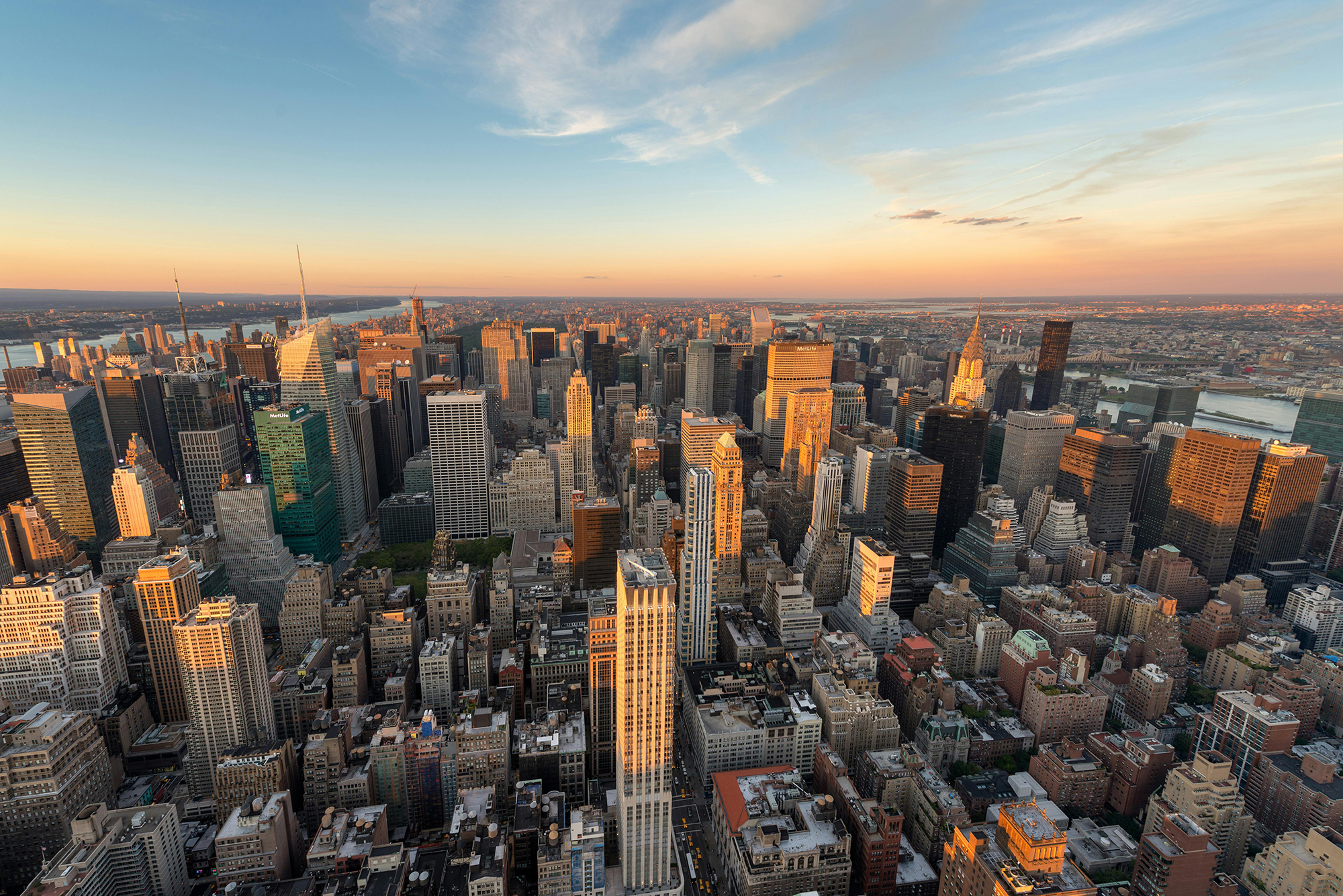 New York City buildings at sunset