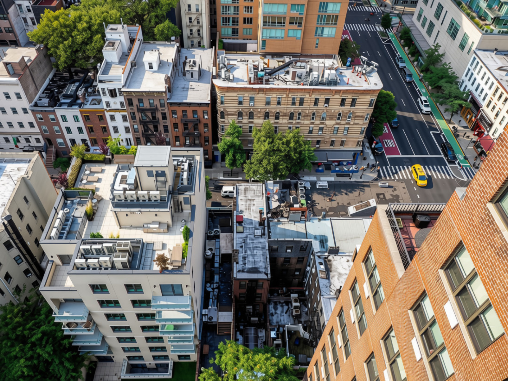 Aerial view of multifamily buildings in New York City with rooftop ventilation and mechanical equipment visible above residential structures.