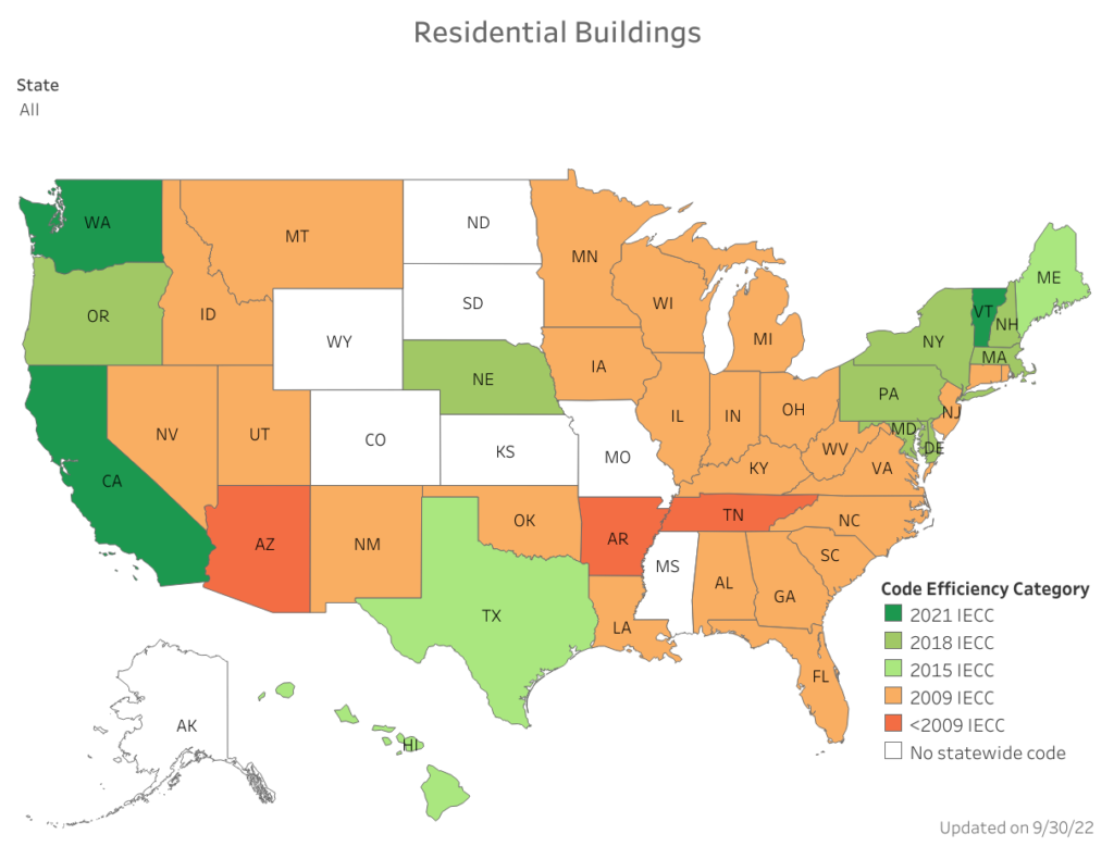 United States map showing residential building code efficiency category by state.
