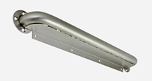 Image of a metal ligature-resistant grab bar with a curved end and a polished finish. The grab bar includes a flat mounting plate with multiple screw holes for secure installation.