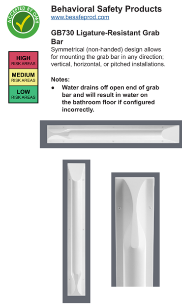 Product description for Behavioral Safety Products' GB730 Ligature-Resistant Grab Bar. Features a symmetrical design for mounting in any direction—vertical, horizontal, or pitched. Notes highlight that water may drain from the open end and cause pooling on the bathroom floor if not configured properly. Includes three product views and a risk area chart showing high, medium, and low-risk zones.