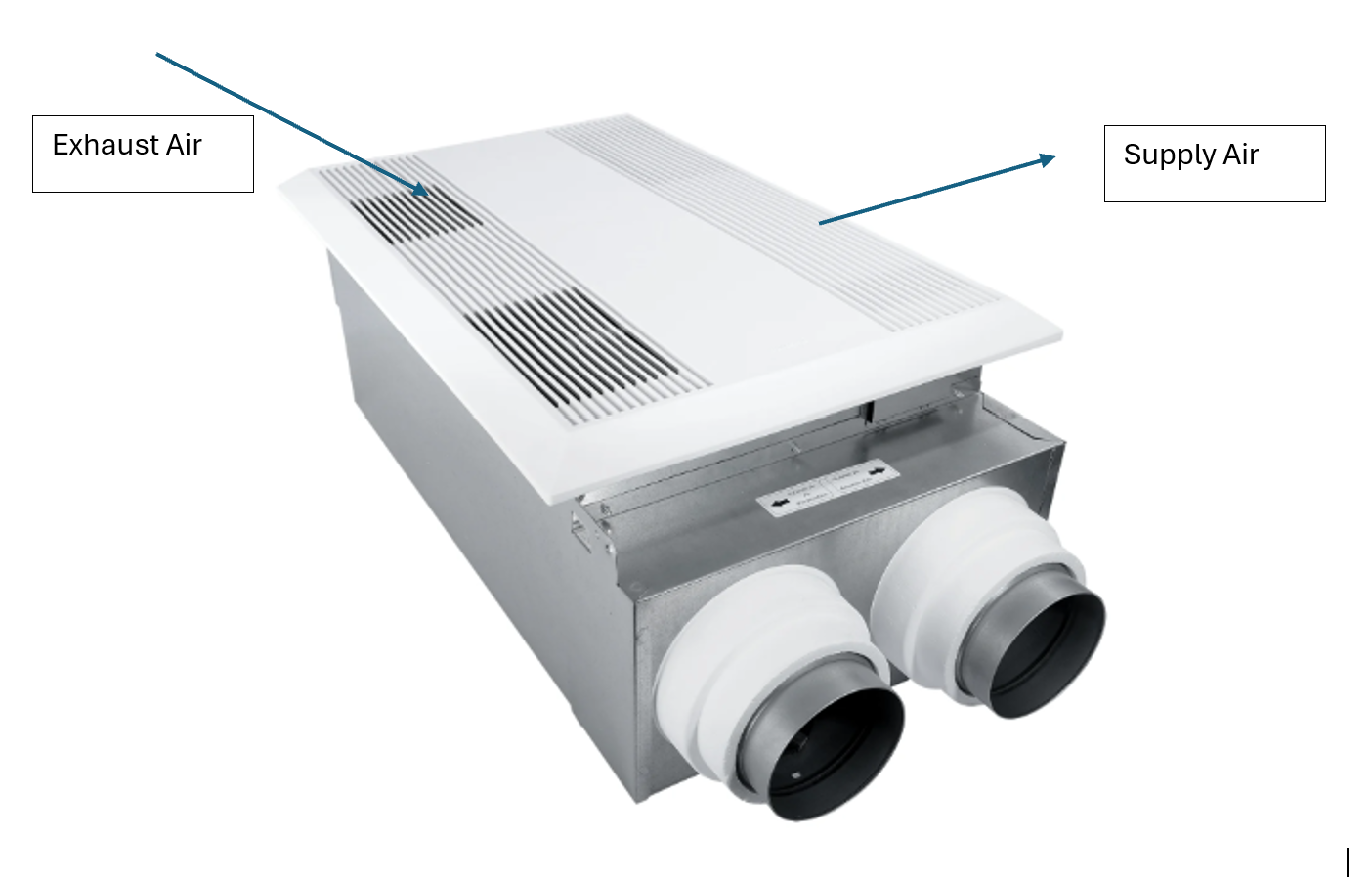 Spot energy recovery ventilator showing separate exhaust air and supply air paths.