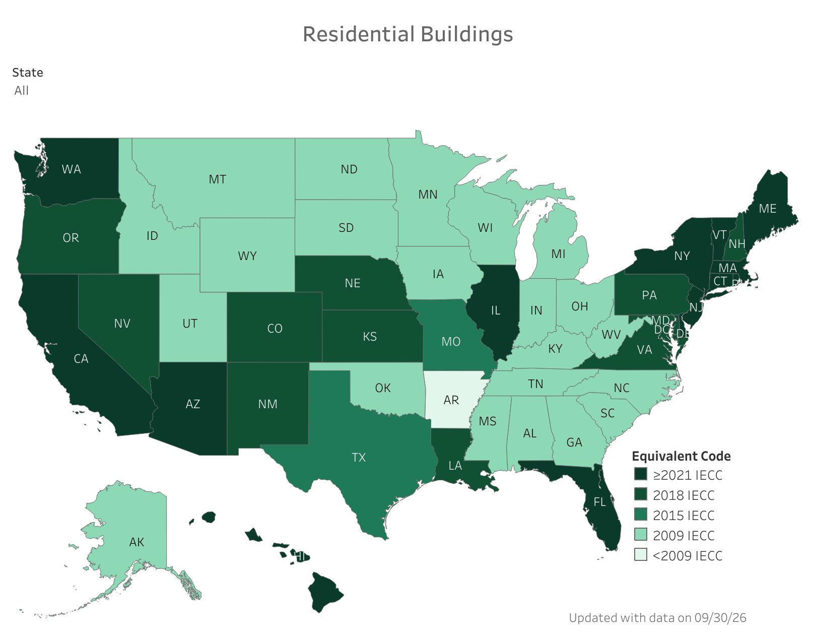 U.S. map showing residential building energy code adoption by state as of September 30, 2026. States are color-coded from pre-2009 IECC standards to 2021 IECC or newer, with many West Coast, Northeast, and Mid-Atlantic states shown at the highest code levels.