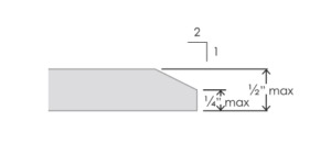 Diagram showing door threshold maximum of 1/2 inch, bevel maximum ratio of 1:2, and unbeveled level change maximum of 1/4 inch.
