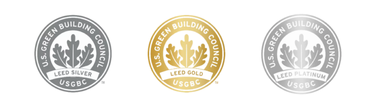 LEED certification badges showing Silver, Gold, and Platinum levels from the U.S. Green Building Council.