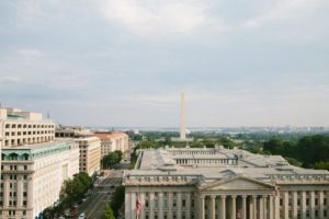 The Washington Monument and surrounding area in Washington, DC.